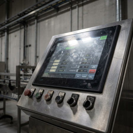 Angled close-up of a worn industrial control panel in a factory. The smudged touchscreen and weathered buttons on the stainless steel console suggest heavy, practical use.の素材