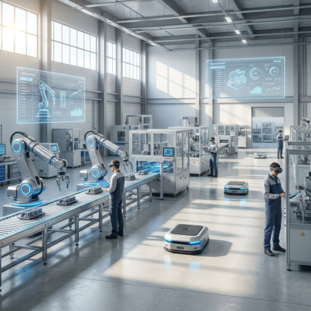 In a sunlit, futuristic factory, engineers wearing AR headsets supervise a robotic assembly line and autonomous mobile robots, interacting with holographic data displays.の素材