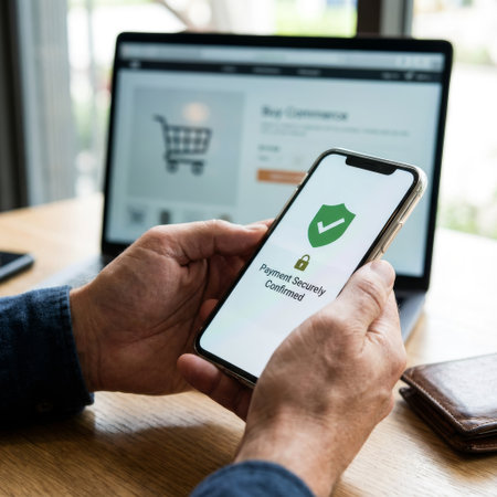 A man's hands hold a smartphone displaying a secure payment confirmation, completing an online purchase from an e-commerce site shown on a laptop in the background.の素材