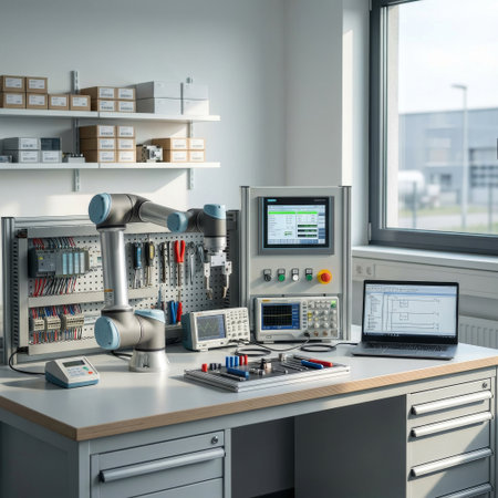 A pristine engineering lab workbench featuring a collaborative robot, PLC panel, laptop, and oscilloscopes, set up for advanced automation programming and development.の素材