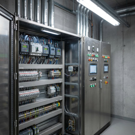 An open stainless steel industrial control cabinet reveals complex wiring, PLCs, and circuit breakers in a modern, clean utility room with concrete walls.の素材
