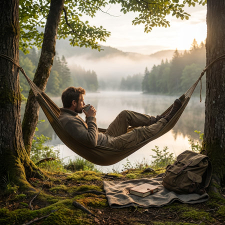 A man finds peaceful solitude, sipping coffee in a hammock during a misty sunrise, overlooking a tranquil lake. His backpack and book rest on the mossy forest floor.の素材