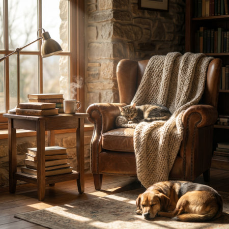A tranquil scene of domestic bliss as a cat and dog sleep peacefully in warm sunbeams. A steaming mug and books on a side table create a cozy, rustic library atmosphere.の素材
