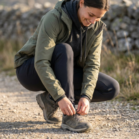 A happy woman in an olive jacket smiles as she crouches on a gravel path to tie her sturdy hiking shoe, preparing for an outdoor adventure in the sun.の素材