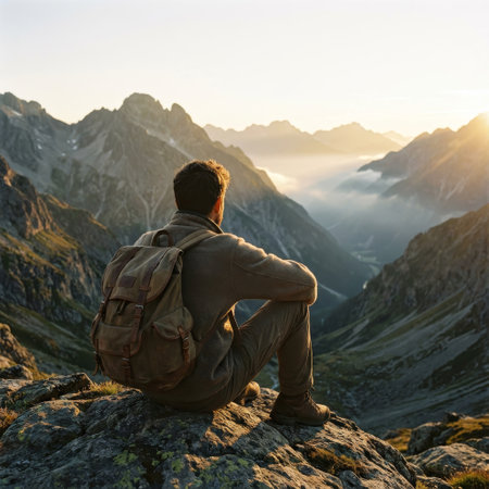 A lone hiker with a backpack sits on a rocky summit at sunrise, gazing at a breathtaking mountain range. Golden light illuminates the peaks as mist fills the deep valley below.の素材