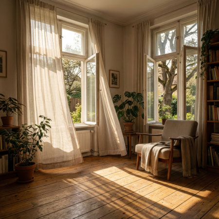 A tranquil, sun-drenched room with open windows inviting a gentle breeze. Sunlight streams in, casting long shadows on the rustic wood floor, while sheer curtains billow softly.の素材