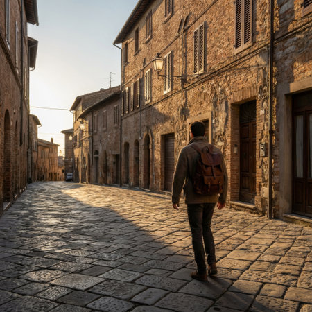 A lone traveler with a leather backpack explores a deserted, sun-kissed cobblestone alley in a timeless Italian village at dawn, embarking on a new adventure.の素材