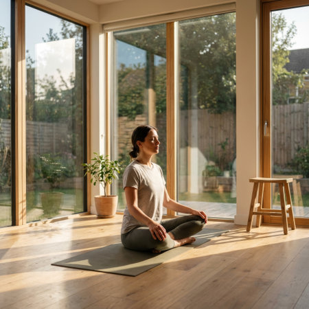 Basking in warm morning sunlight, a woman finds tranquility meditating on a yoga mat. Her modern home's large windows offer a peaceful view of the lush garden outside.の素材