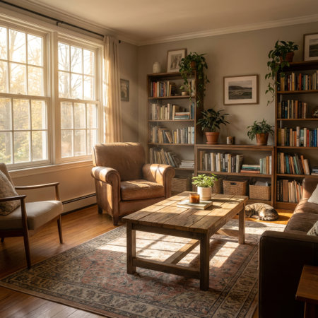 Warm afternoon sunbeams stream into a tranquil home library, illuminating dust motes, cozy furniture, and a tabby cat sleeping peacefully in a patch of light.の素材