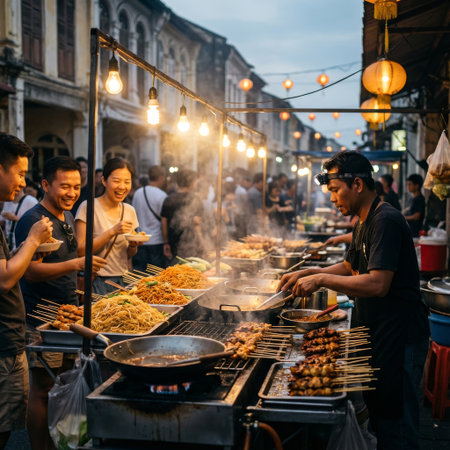 A vendor cooks sizzling satay and noodles at a bustling Asian night market, as three happy friends laugh and enjoy their delicious street food under warm, glowing lights.の素材