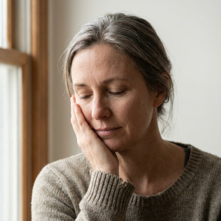Close-up of a somber mature woman with grey hair, her eyes closed in quiet reflection. She rests her head on her hand, conveying sadness, worry, or fatigue.の素材