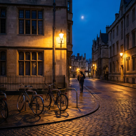 A lone figure with an umbrella walks down a wet, lamplit cobblestone street in historic Oxford at twilight, as a bright moon shines in the deep blue sky above ancient buildings.の素材