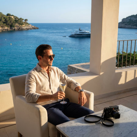 A stylish man in a linen shirt sips champagne on a sunny balcony, gazing at a yacht in a serene blue bay. A Leica camera rests on the marble table beside him.の素材