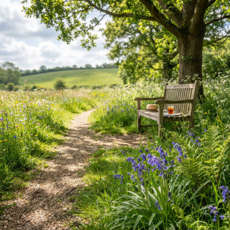 A tranquil moment in the English countryside. A wooden bench under a shady oak tree offers a peaceful rest stop with iced tea, overlooking a sun-drenched wildflower meadow and path.の素材