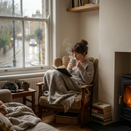 A serene woman enjoys a quiet, rainy day indoors, wrapped in a blanket, reading a book with a hot drink, warmed by the fire as her cat sleeps peacefully.の素材