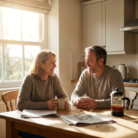 Bathed in warm morning sunlight, a loving middle-aged couple shares coffee and conversation at their kitchen table, enjoying a quiet, intimate moment together at home.の素材
