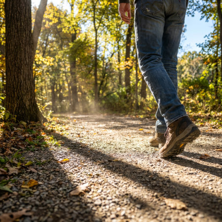 Low-angle shot of a man hiking on a dusty trail through a golden autumn forest. Warm sunlight streams through the trees, creating long shadows and a peaceful, serene mood.の素材