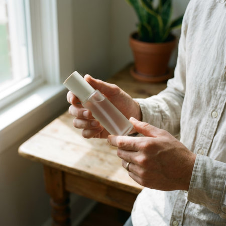 A man in a linen shirt holds a sleek, frosted glass bottle, examining it in the soft, natural light from a nearby window. A quiet, mindful moment of a daily grooming routine.の素材