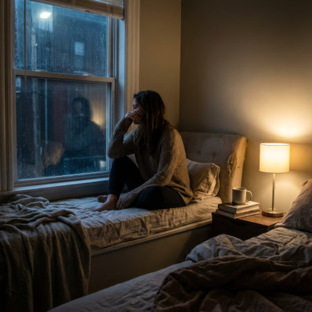 A pensive woman in a cozy sweater sits by a rain-streaked window at night, lost in thought. The warm lamplight contrasts with the cool, wet world outside her bedroom.の素材