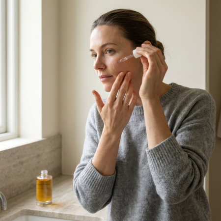 A focused woman in a cozy grey sweater applies a drop of hydrating facial serum with a pipette, part of her daily self-care routine in a naturally lit bathroom.の素材