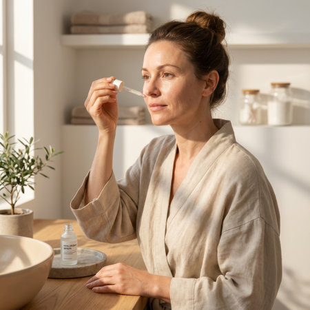A serene woman in a linen robe performs her morning skincare routine, applying hyaluronic acid serum with a pipette in a beautifully sunlit, minimalist bathroom.の素材