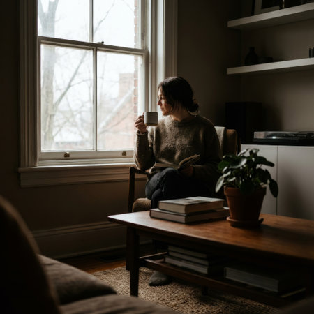 A pensive woman enjoys a quiet, cozy moment at home, sitting by a window with a book and a warm drink, bathed in soft, natural light from an overcast day.の素材