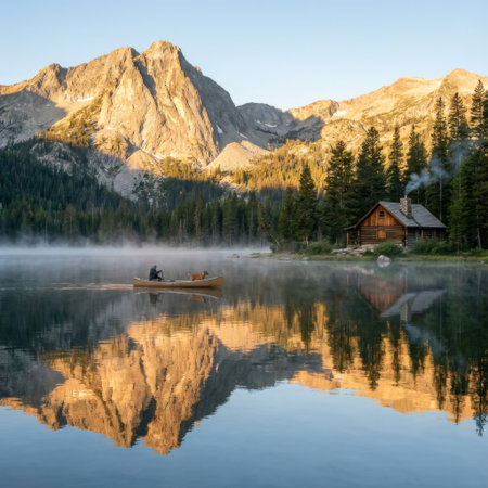 A person and their dog paddle a canoe across a misty alpine lake at sunrise, past a cozy log cabin, as golden light illuminates the majestic mountains reflected in the calm water.の素材