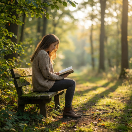 A young woman finds a peaceful escape, reading a book on a mossy bench in a sun-dappled forest. The warm, golden light of late afternoon creates a serene, tranquil mood.の素材