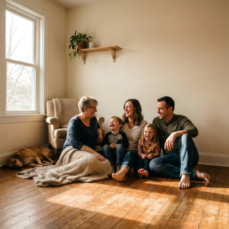 A joyful three-generation family, with grandmother and two kids, shares a laugh on a sunlit hardwood floor. Their dog sleeps peacefully nearby in their warm, happy home.の素材
