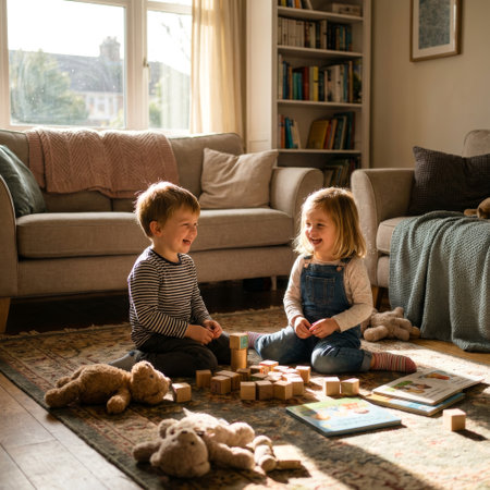 Two joyful children, a boy and girl, laugh heartily while playing with wooden blocks on a rug, bathed in warm afternoon sunlight in a cozy living room.の素材