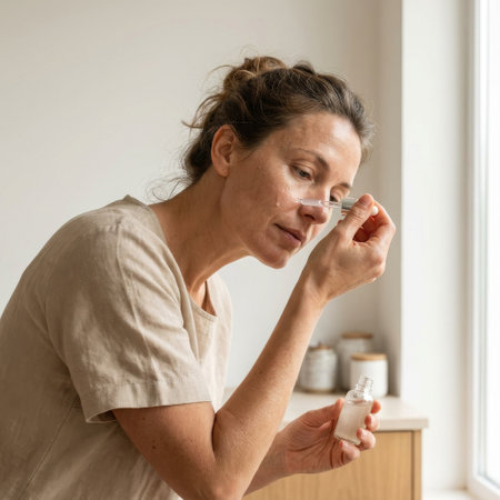 A focused mature woman in a sunlit room carefully applies a hydrating facial serum with a dropper, embracing her daily self-care and beauty ritual.の素材
