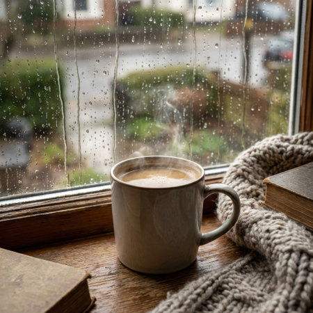 A steaming mug of coffee rests on a rustic wooden sill, flanked by old books and a cozy knit scarf, offering warmth and comfort on a rainy day.の素材