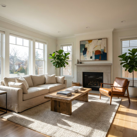 Sunlight streams through large windows into a serene, modern living room, highlighting a stone fireplace, abstract art, and comfortable, earth-toned furniture.の素材