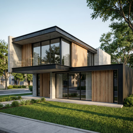 A striking modern home basks in warm sunlight, its facade a bold mix of raw concrete, natural wood siding, and expansive glass windows, fronted by a lush green lawn.の素材