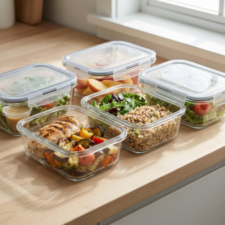 A variety of healthy, pre-portioned meals in clear glass containers, organized on a sunlit kitchen counter for weekly meal prep.の素材