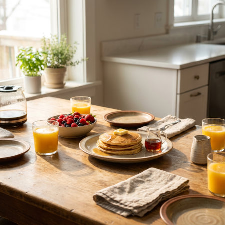 A warm, inviting breakfast table set for a slow morning, with fluffy pancakes, fresh berries, and orange juice illuminated by soft, natural window light.の素材