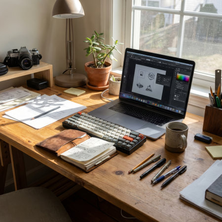 A cozy, sunlit wooden desk serves as a creative's hub. A laptop displays design software next to a sketchbook with hand-drawn ideas, blending digital and analog workflows.の素材