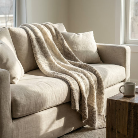 A cozy, sunlit living room scene featuring a soft knit blanket draped over a neutral sofa. A warm mug sits on a rustic wooden table, creating a tranquil and inviting atmosphere.の素材