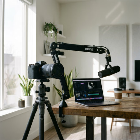 A sunlit home studio setup for a content creator, featuring a Sony camera, RÃDE boom arm with a Shure mic, and a laptop editing video on a rustic wooden desk.の素材