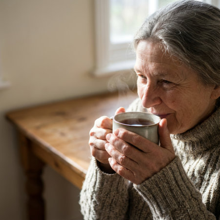 A serene senior woman in a cozy knit sweater enjoys a hot, steaming drink from a mug. Soft window light illuminates her peaceful expression in a quiet, indoor setting.の素材