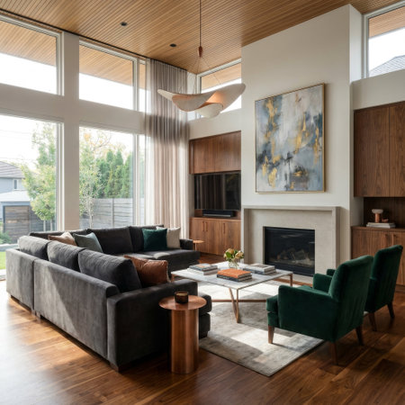 A sophisticated, sunlit living room features a high wood ceiling, large windows, a plush grey sofa, and emerald velvet chairs arranged around a modern fireplace and abstract art.の素材