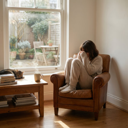 In a sunlit room, a woman in cozy knitwear curls up in a leather armchair, her face hidden in her hands, suggesting deep sorrow. A tabby cat sleeps peacefully beside a steaming mug.の素材