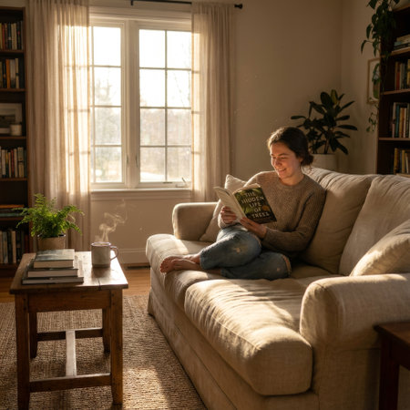 A content woman relaxes on a comfy sofa, engrossed in a book, as warm sunlight streams through a window, illuminating a steaming mug nearby.の素材