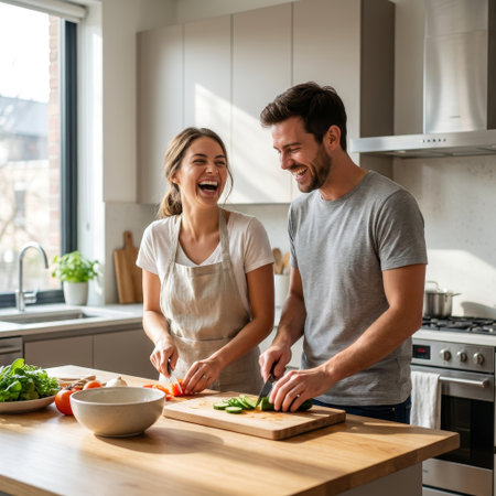 Radiant with laughter, a man and woman prepare a healthy meal side-by-side on a wooden island. Natural sunlight floods their contemporary kitchen, highlighting their joyful bond.の素材