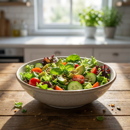 A vibrant, healthy salad with avocado and tomatoes in a rustic bowl on a wooden table. Natural sunlight from a kitchen window creates a warm, wholesome, and appetizing scene.の素材