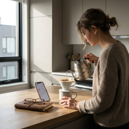 A woman in a cozy sweater starts her day with a mindful pour-over coffee ritual in her sunlit, modern kitchen, planning her schedule on her phone.の素材