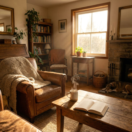 Sunlight streams into a cozy, rustic living room, illuminating a steaming mug and an open book. A dog sleeps soundly by the hearth, creating a perfect scene of tranquility.の素材