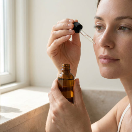 A focused woman applies a hydrating facial serum from an amber glass bottle, her daily self-care ritual illuminated by soft, natural light from a nearby window.の素材
