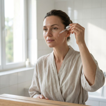 In the soft morning light of her bathroom, a serene woman in a linen robe carefully applies a nourishing facial serum, embracing a moment of self-care.の素材