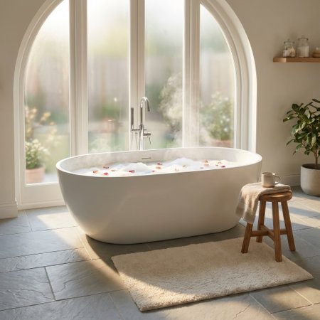 An inviting, steaming bubble bath with rose petals in a modern tub awaits by a large, sunlit arched window, creating a tranquil spa-like retreat at home.の素材